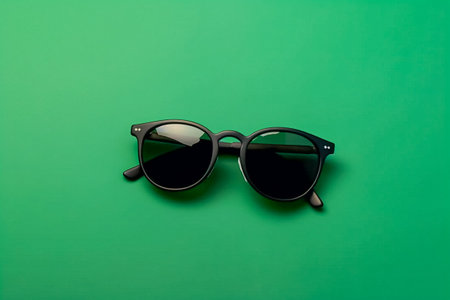 Pair of black sunglasses on a green backgroundの素材