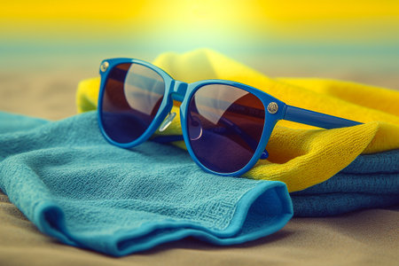 Blue sunglasses on a blue and yellow beach towelの素材