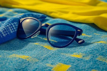 Blue sunglasses on a blue and yellow beach towelの素材