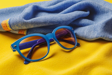 Blue sunglasses on a blue and yellow beach towelの素材