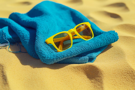 Yellow sunglasses on a blue beach towelの素材
