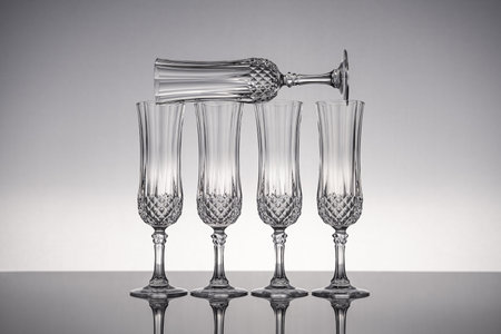 Cut glass crystal stemware champagne flute, isolated on shiny gray surface with gray background.の写真素材