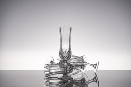 Cut glass crystal stemware champagne flute, isolated on shiny gray surface with gray background.の写真素材