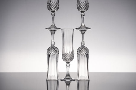 Cut glass crystal stemware champagne flute, isolated on shiny gray surface with gray background.の写真素材