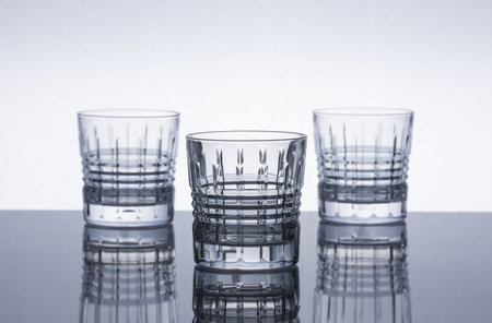 Crystal whiskey glasses on a reflective surface. Isolated object. Dramatic modern background. Contemporary design.の写真素材