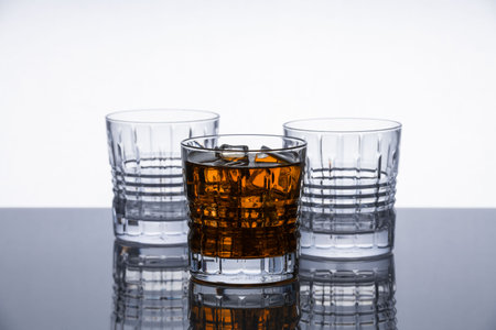 Crystal whiskey glasses on a reflective surface. Isolated object. Dramatic modern background. Contemporary design.の写真素材