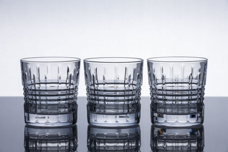 Crystal whiskey glasses on a reflective surface. Isolated object. Dramatic modern background. Contemporary design.の写真素材
