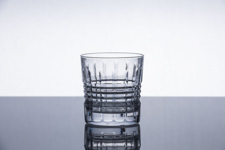 Crystal whiskey glass on a reflective surface. Isolated object. Dramatic modern background. Contemporary design.の写真素材