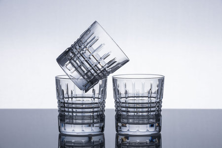 Crystal whiskey glasses on a reflective surface. Isolated object. Dramatic modern background. Contemporary design.の写真素材
