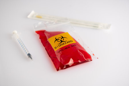 Biohazard specimen plastic bag on a white backgroundの写真素材