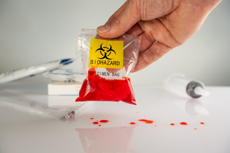 Biohazard specimen plastic bag on a white backgroundの写真素材