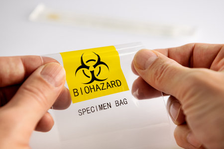 Biohazard specimen plastic bag on a white backgroundの写真素材