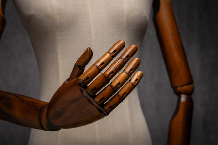Close up of the wooden dressmakers mannequin retro style handの写真素材