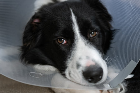Border Collie puppy wearing a cone protective collar lying on the floorの写真素材