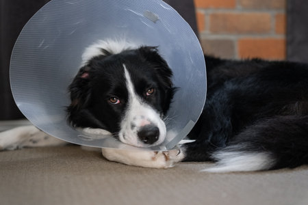 Border Collie puppy wearing a cone protective collar lying on the floorの写真素材