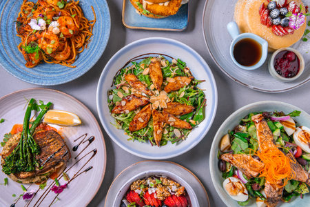 Fresh tasty food. Set of dishes on the table, Top view.の写真素材
