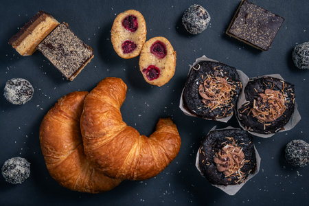 Bakery products on a dark background. Caramel slices, croissants, muffins, protein balls, raspberry friands, captured from above, top view, flat lay.の写真素材