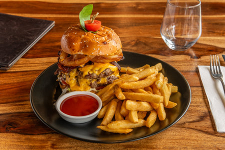 Closeup photo of home made fresh burger with beef, onion, tomato, lettuce, cheese and tomato sauce. Served with potato fries and chips, on wooden table and plate.の写真素材