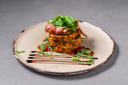 Corn fritters served with crispy bacon, avocado, spinach and tomato relishの写真素材