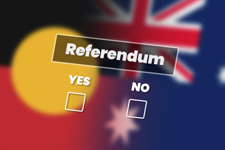 Australian referendum sign with yes and no tick boxes. Background with aboriginal and Australian flags.の写真素材