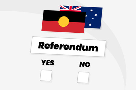Australian referendum sign with yes and no tick boxes. Background with aboriginal and Australian flags.の写真素材
