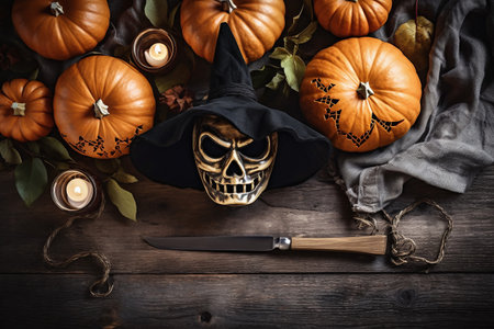 Halloween mask with hat, orange pumpkins, candles, knive and autumn leaves on wooden table.の素材