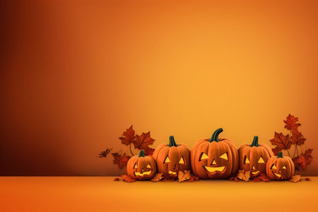 Halloween pumpkins and leaves on orange background. Happy halloween holiday concept with copy space.の素材