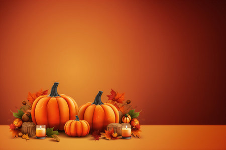 Halloween pumpkins with candles on orange background. Happy halloween holiday concept with copy space.の素材
