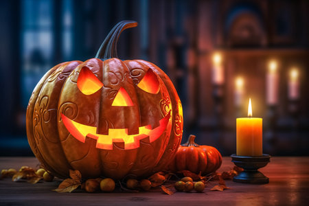 Halloween, orange pumpkin with carved face, candles and autumn leaves on wooden table with blurry backgroundの写真素材