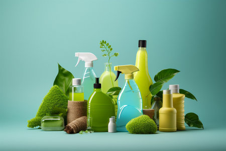 Spring cleaning and house cleaning. Natural cleaning products on a table. Eco-friendly cleaning products concept.の素材