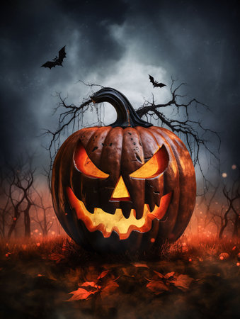 Halloween holiday pumpkin background. Curved Halloween jack o lantern face on a dark background with copy space.の素材
