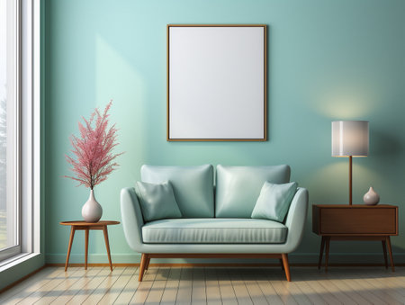 Mockup poster frame on the wall of living room. Luxurious apartment background with modern design. Contemporary interior design concept.の素材