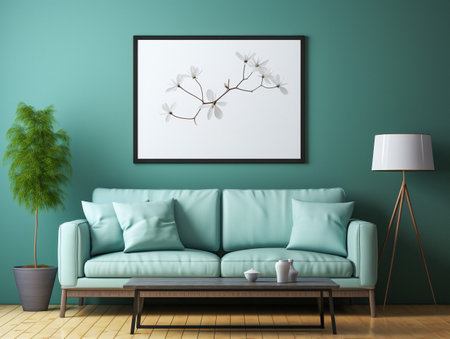 Mockup poster frame on the wall of living room. Luxurious apartment background with modern design. Contemporary interior design concept.の素材
