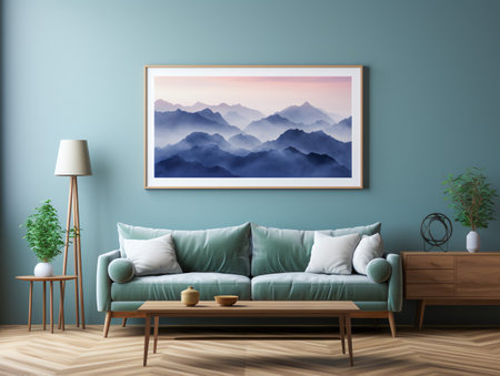 Mockup poster frame on the wall of living room. Luxurious apartment background with modern design. Contemporary interior design concept.の素材