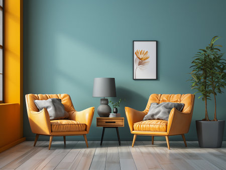 Mockup poster frame on the wall of living room. Luxurious apartment background with modern design. Contemporary interior design concept.の素材