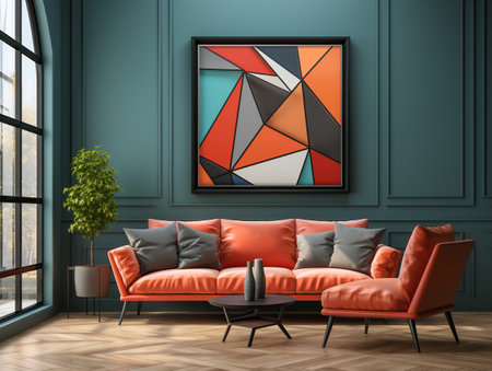Mockup poster frame on the wall of living room. Luxurious apartment background with modern design. Contemporary interior design concept.の素材