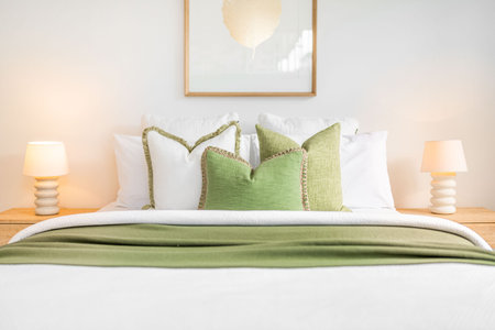 Home interior decor, interior of modern bedroom. Stylish house, apartment decoration.の写真素材