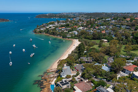 Panoramic drone aerial view over Cobblers Bay and Chinamans Beach in Mosman, Northern Beaches area of Sydney, Australia.の写真素材