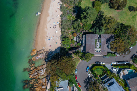 Panoramic drone aerial view over Cobblers Bay and Chinamans Beach in Mosman, Northern Beaches area of Sydney, Australia.の写真素材