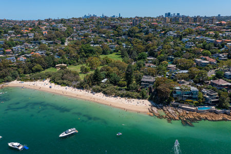 Panoramic drone aerial view over Cobblers Bay and Chinamans Beach in Mosman, Northern Beaches area of Sydney, Australia.の写真素材
