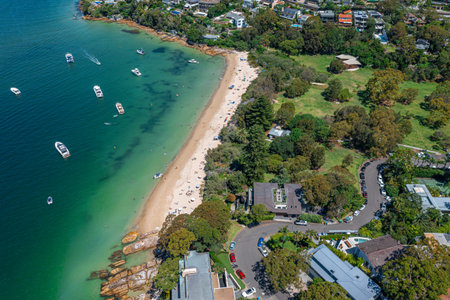 Panoramic drone aerial view over Cobblers Bay and Chinamans Beach in Mosman, Northern Beaches area of Sydney, Australia.の写真素材