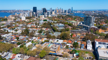 Panoramic drone aerial view of North Sydney towards Sydney Central Business District and Sydney Harbourの写真素材