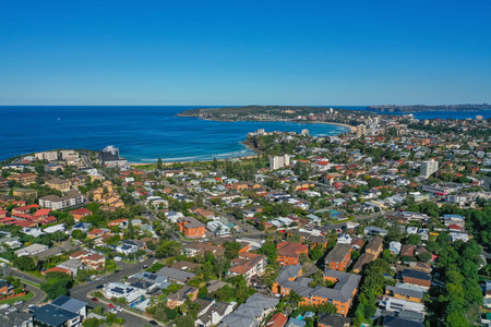 Panoramic drone aerial view over Freshwater, Queenscliff and Manly in the Northern Beaches area of Sydney NSW Australiaの写真素材