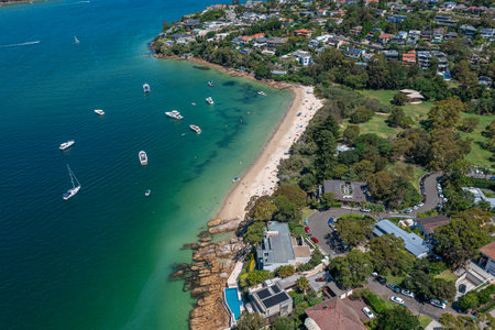 Panoramic drone aerial view over Cobblers Bay and Chinamans Beach in Mosman, Northern Beaches area of Sydney, Australia.の写真素材