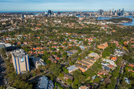 Panoramic drone aerial view of North Sydney towards Sydney Central Business District and Sydney Harbourの写真素材