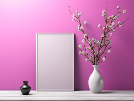 Blank empty picture frame with a plant in modern interior. Artwork template mock-up, empty space for design layout.の写真素材