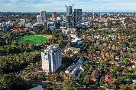 Sydney NSW Australia - June 7th 2021 - Panoramic drone aerial view of North Sydney and Gore Hill Oval in Sydney NSW Australiaのeditorial素材