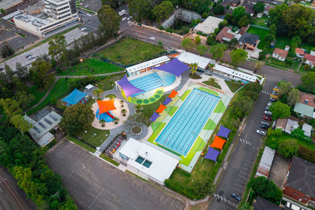 Sydney NSW Australia - January 21st 2022 - Drone aerial photo of Wentworthville Swimming Centre in Wentworthville, Greater Western Sydneyのeditorial素材