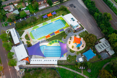 Sydney NSW Australia - January 21st 2022 - Drone aerial photo of Wentworthville Swimming Centre in Wentworthville, Greater Western Sydneyのeditorial素材