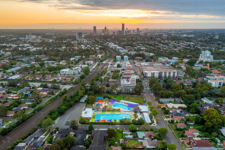 Sydney NSW Australia - January 21st 2022 - Sunrise drone aerial photo of Wentworthville Swimming Centre in Wentworthville, Parramatta, Greater Western Sydneyのeditorial素材